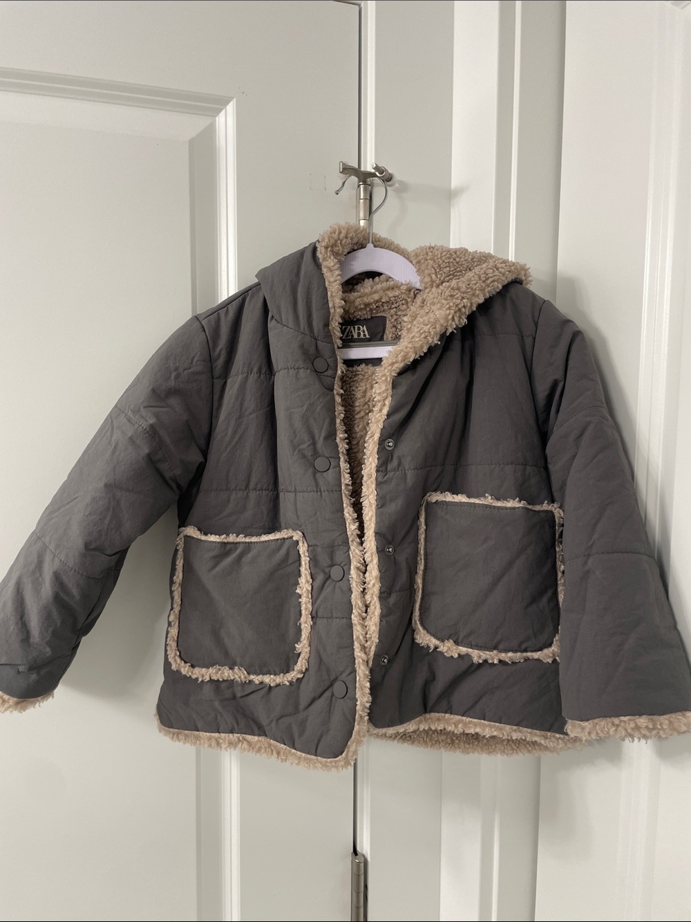 Zara Kids Charcoal Jacket with Cream Sherpa Trim SIZE4-5 UNISEX